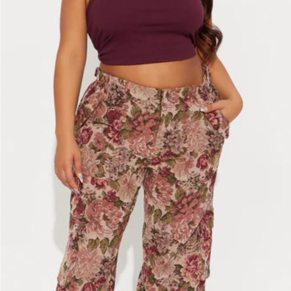 Fashion Nova Floral Cargo Wide Leg Pants - Pink and Green